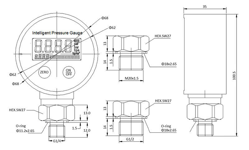 ESG103 Battery Digital Pressure Gauge drawing bottom