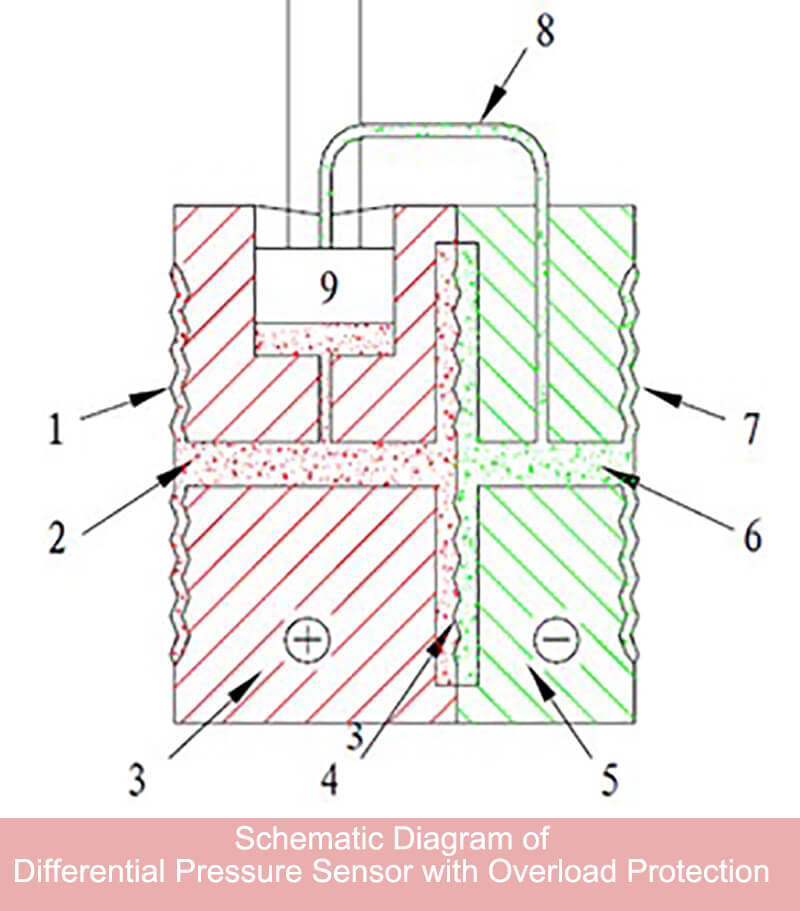 Schematic Diagram of a Differential Pressure Sensor with Overload Protection